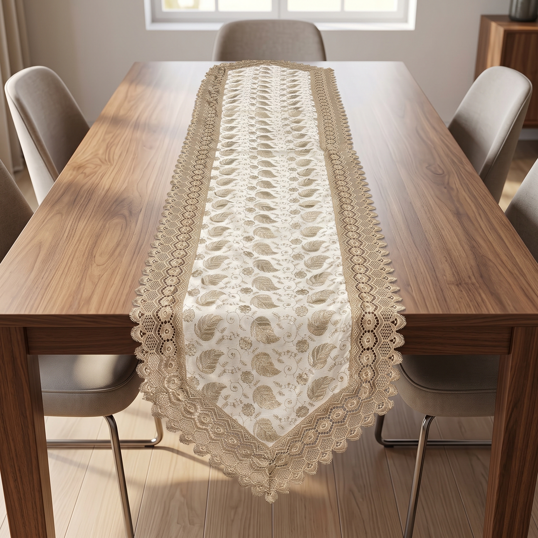 Paisley Embroidery Premium Linen Cotton Dinning Table Runner, 16 × 72 inch - Cream with Golden Embroidery