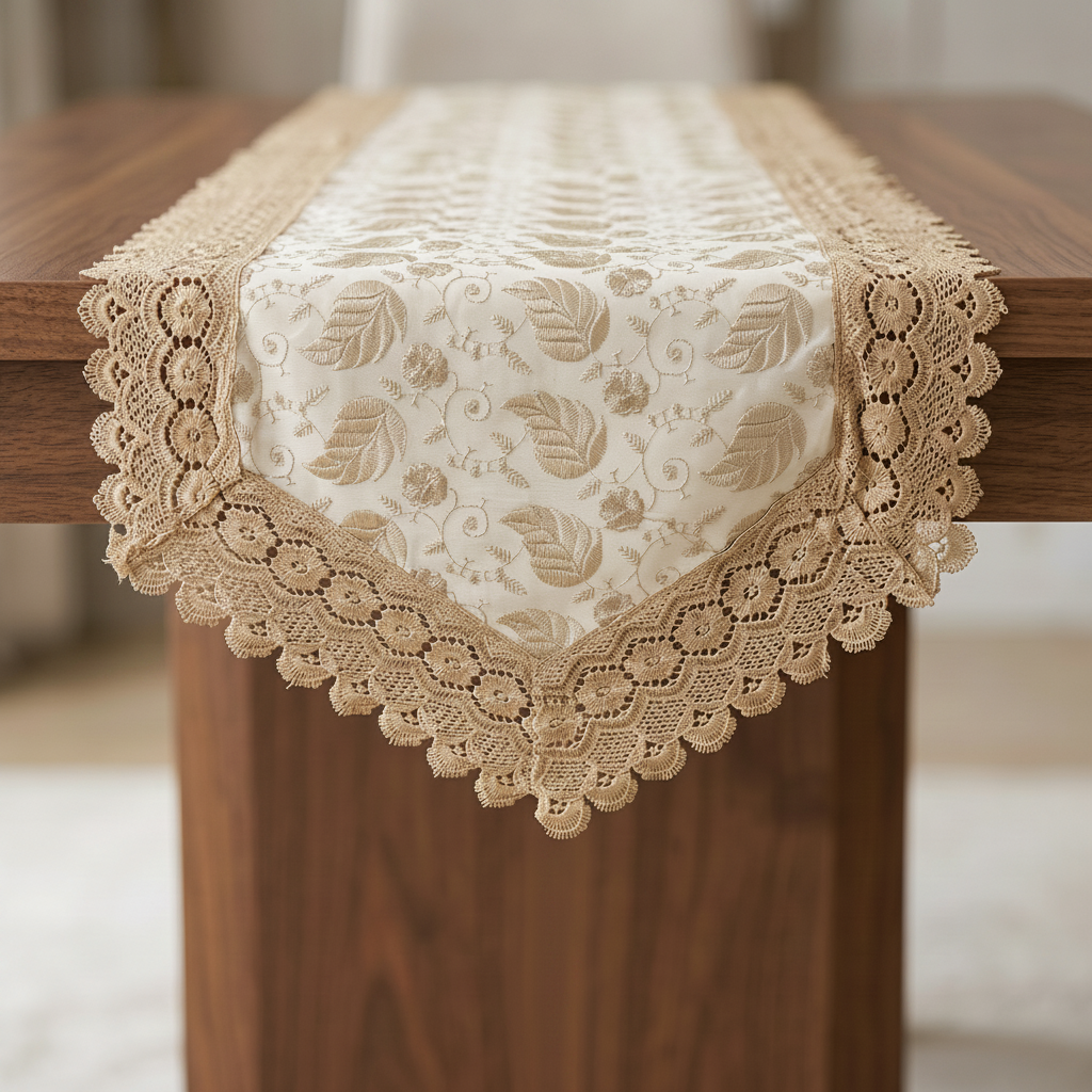 Paisley Embroidery Premium Linen Cotton Dinning Table Runner, 16 × 72 inch - Cream with Golden Embroidery