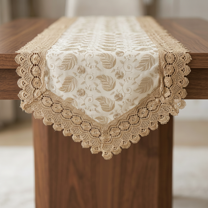 Paisley Embroidery Premium Linen Cotton Dinning Table Runner, 16 × 72 inch - Cream with Golden Embroidery