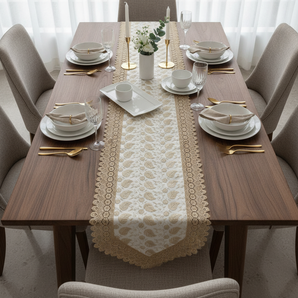 Paisley Embroidery Premium Linen Cotton Dinning Table Runner, 16 × 72 inch - Cream with Golden Embroidery