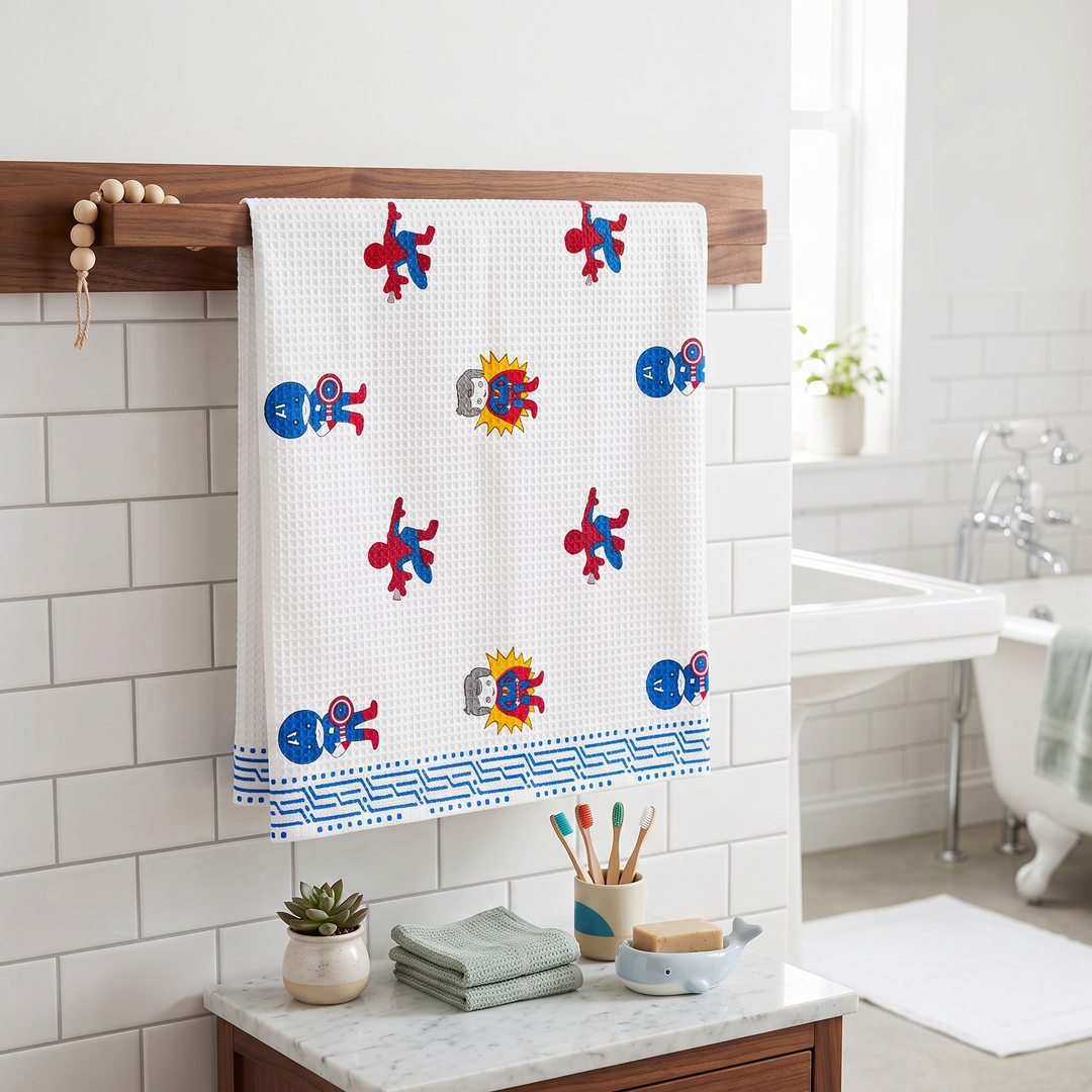 Kids 100% Cotton Waffle Bath Towel - Superhero Hand Block Print (30 x 60 Inches)
