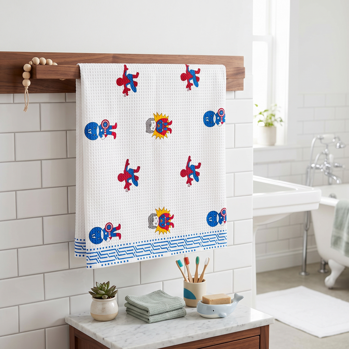 Kids 100% Cotton Waffle Bath Towel - Superhero Hand Block Print (30 x 60 Inches)
