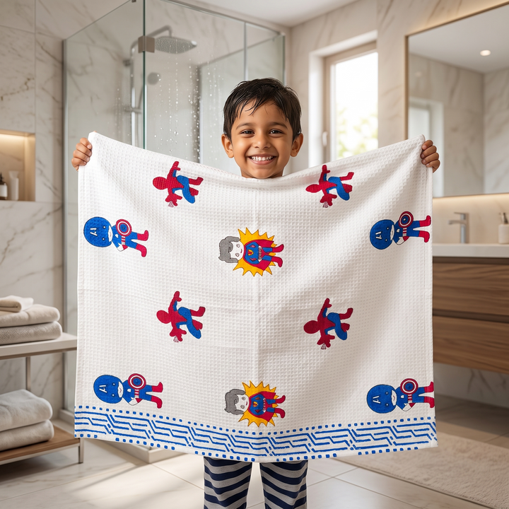 Kids 100% Cotton Waffle Bath Towel - Superhero Hand Block Print (30 x 60 Inches)