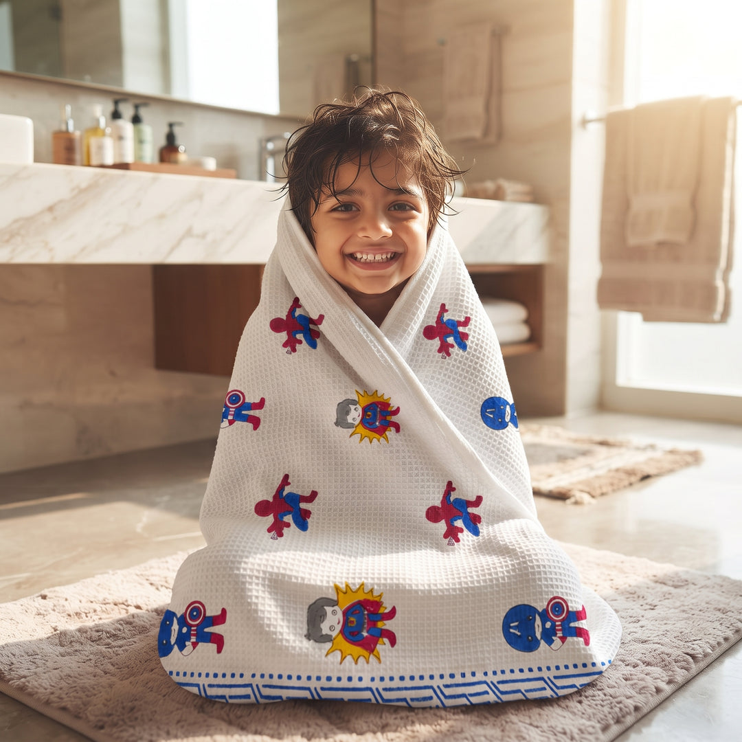 Kids 100% Cotton Waffle Bath Towel - Superhero Hand Block Print (30 x 60 Inches)