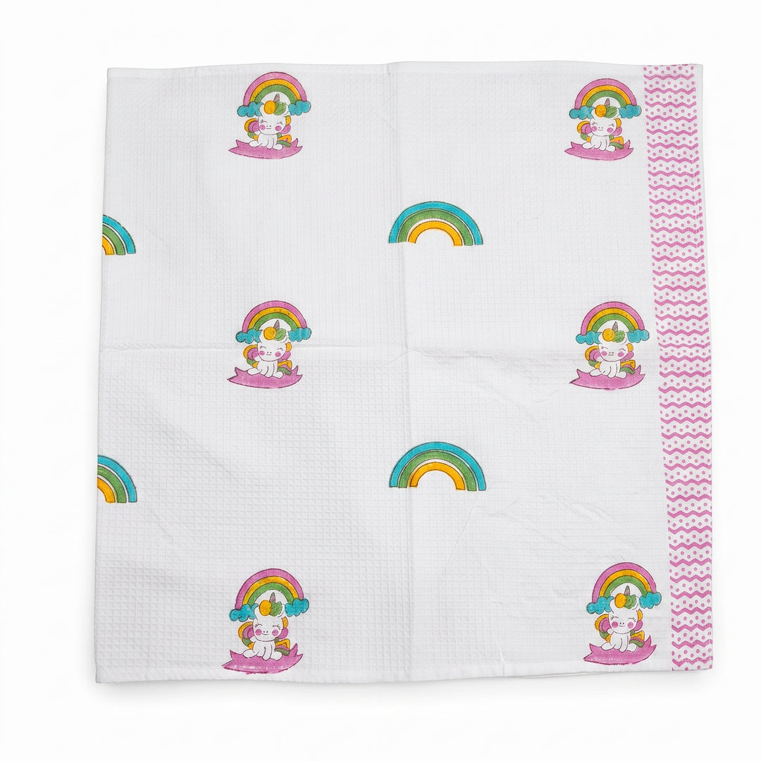 Kids Pure Cotton Waffle Bath Towel - Unicorn & Rainbow Design- (30 x 60 inch)