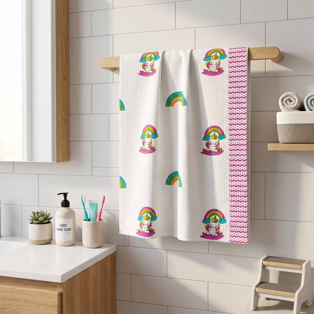 Kids Pure Cotton Waffle Bath Towel - Unicorn & Rainbow Design- (30 x 60 inch)