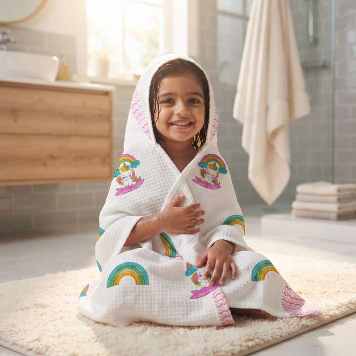 Kids Pure Cotton Waffle Bath Towel - Unicorn & Rainbow Design- (30 x 60 inch)