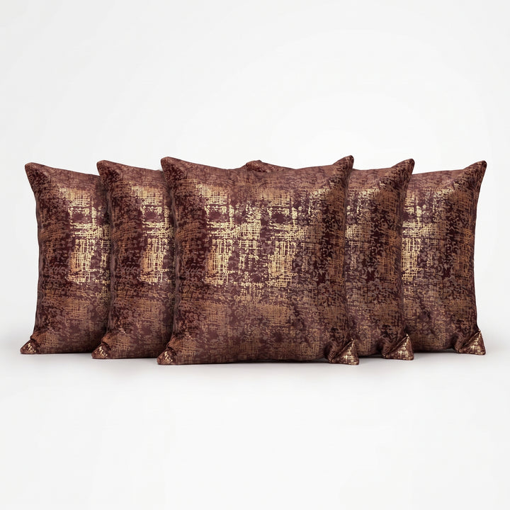 Textured Stripes Suede Cushion Covers, Set of 5, Brown Golden