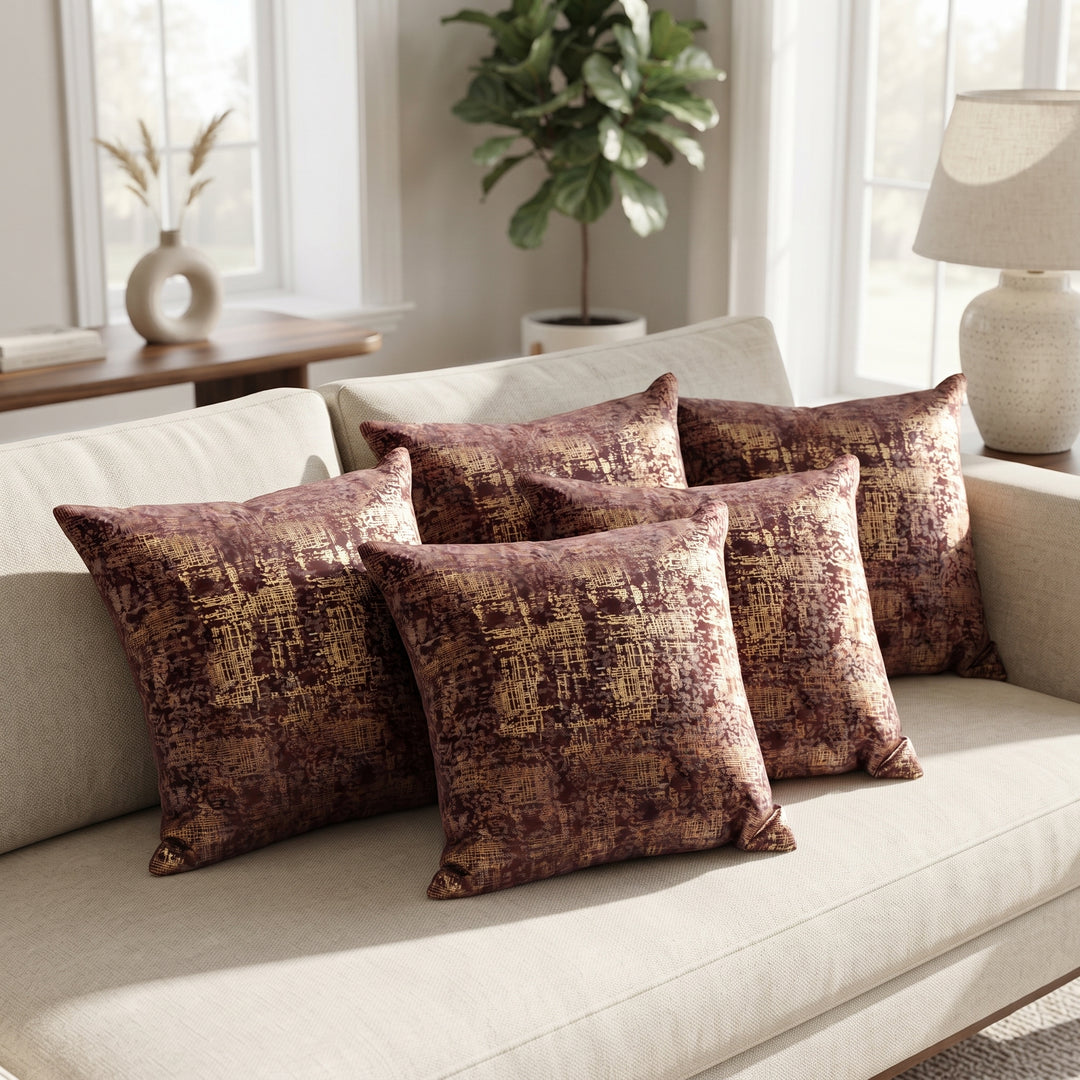 Textured Stripes Suede Cushion Covers, Set of 5, Brown Golden