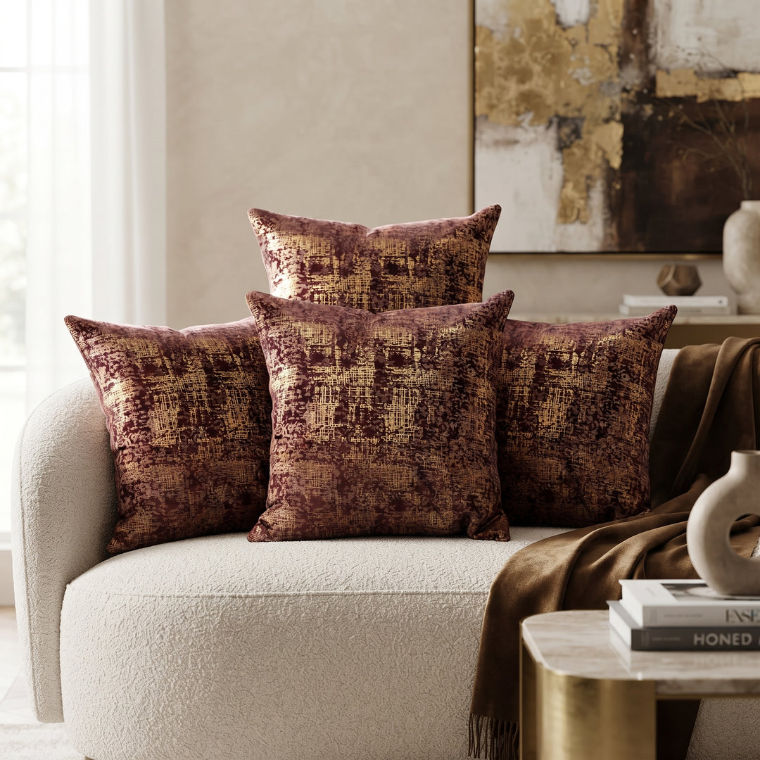 Textured Stripes Suede Cushion Covers, Set of 5, Brown Golden