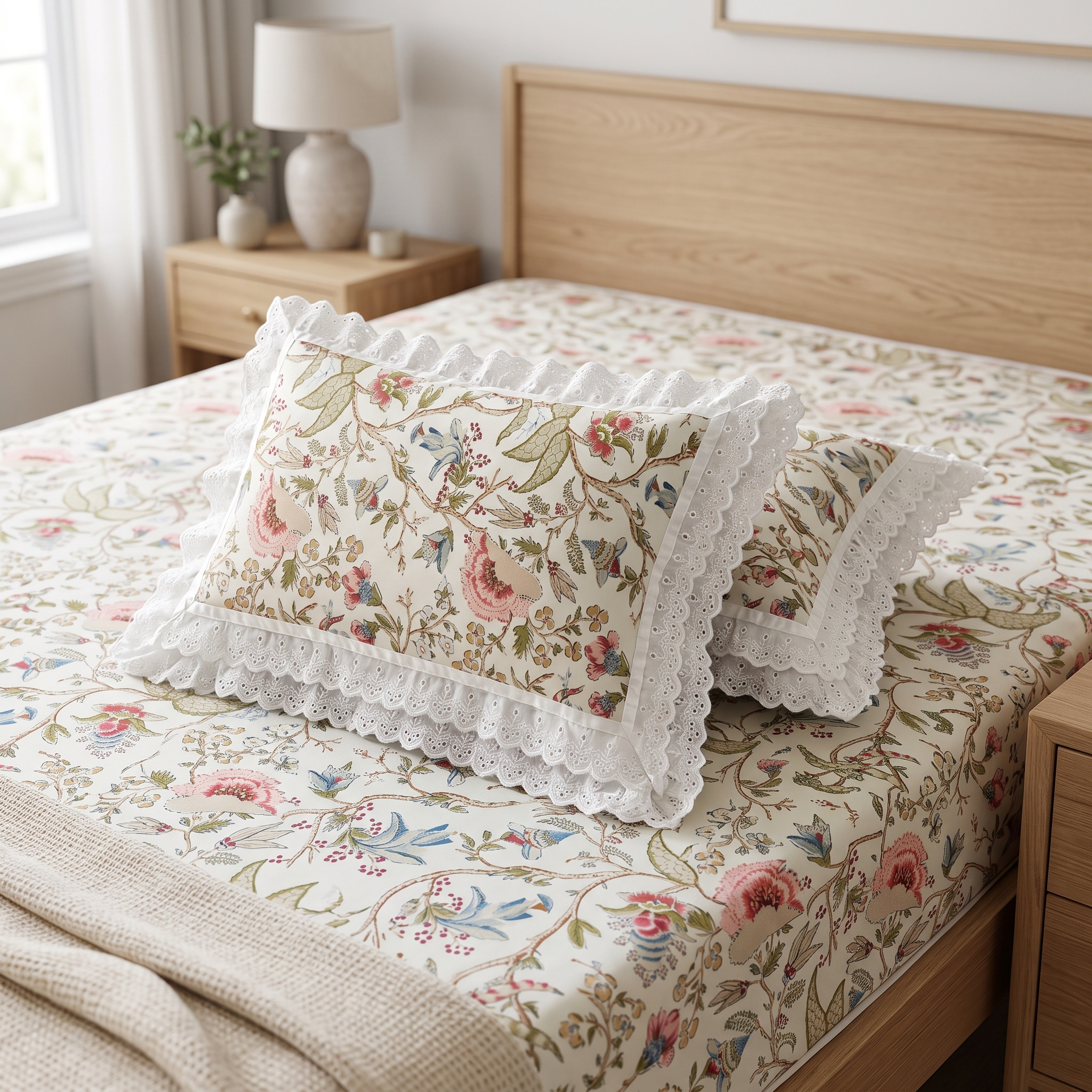 Anokhi Floral Cotton King Size Bedsheet Set with Cotton Lace Pillow Covers, 250 TC