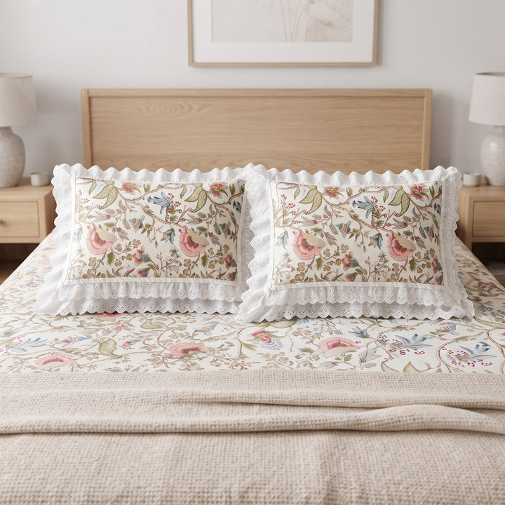 Anokhi Floral Cotton King Size Bedsheet Set with Cotton Lace Pillow Covers, 250 TC White and Orange