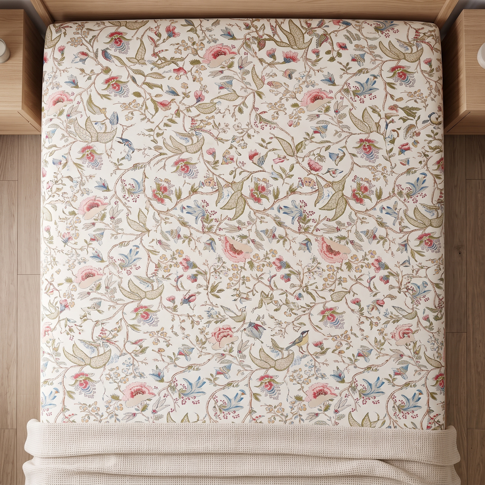 Anokhi Floral Cotton King Size Bedsheet Set with Cotton Lace Pillow Covers, 250 TC