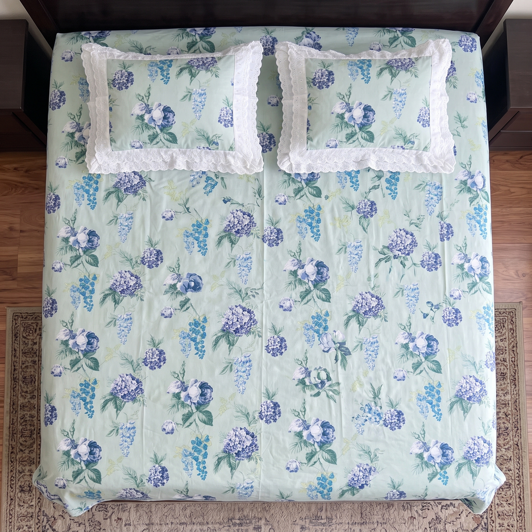 Anokhi Floral Cotton King Size Bedsheet Set with Cotton Lace Pillow Covers, 250 TC Blue and Green