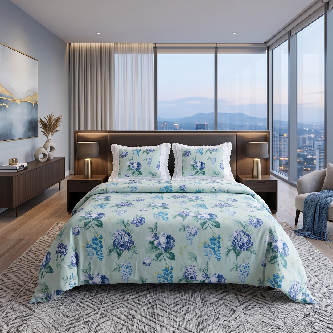 Anokhi Floral Cotton King Size Bedsheet Set with Cotton Lace Pillow Covers, 250 TC Blue and Green