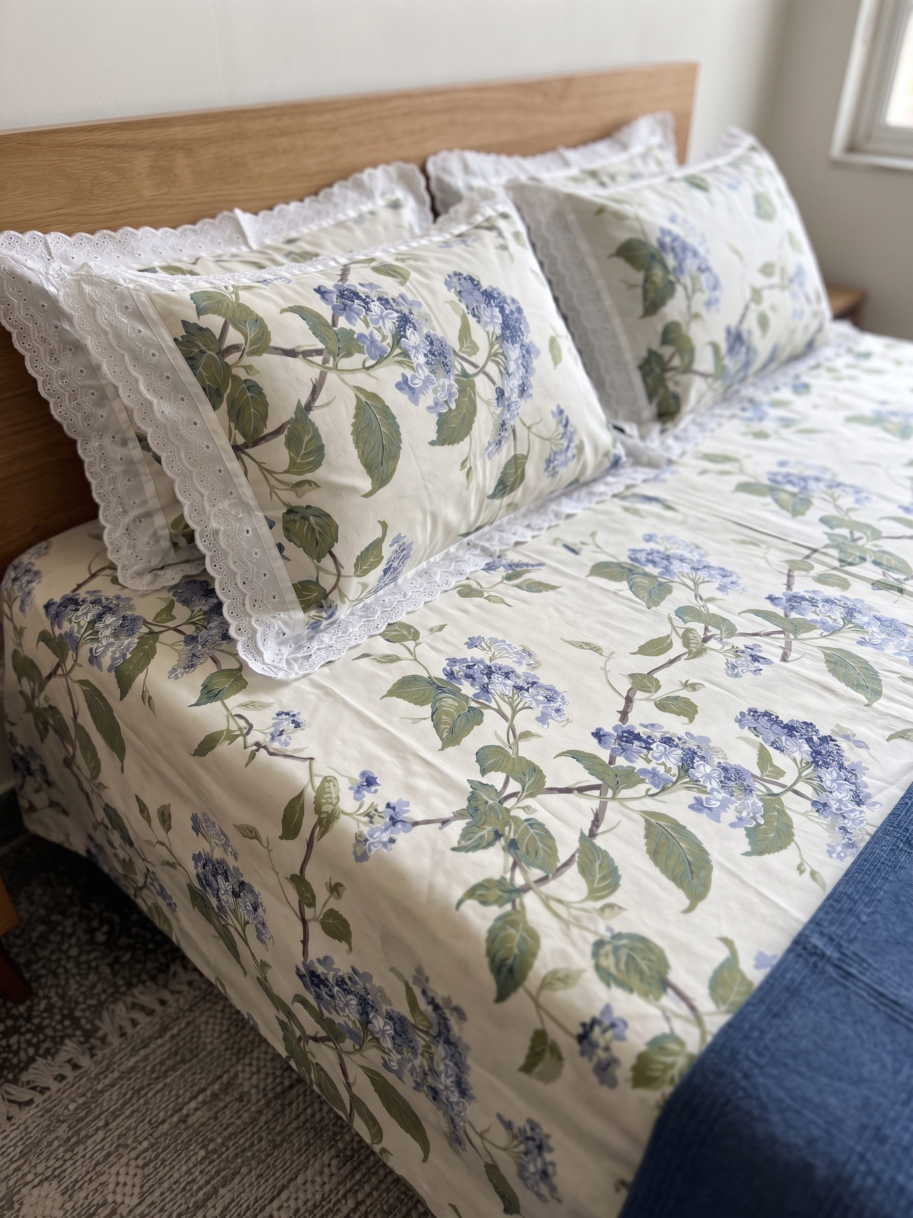 Anokhi Floral Cotton King Size Bedsheet Set with Cotton Lace Pillow Covers, 250 TC