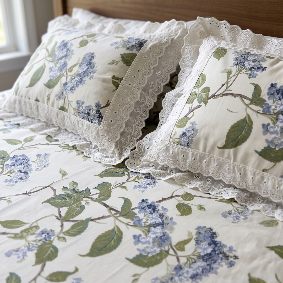 Anokhi Floral Cotton King Size Bedsheet Set with Cotton Lace Pillow Covers, 250 TC White and Green