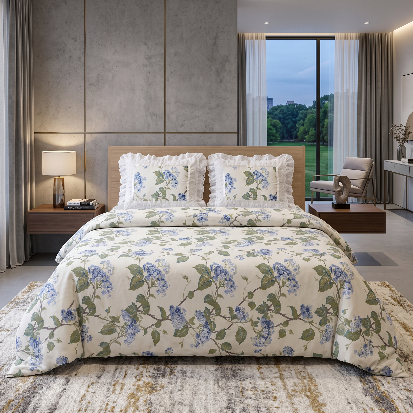 Anokhi Floral Cotton King Size Bedsheet Set with Cotton Lace Pillow Covers, 250 TC