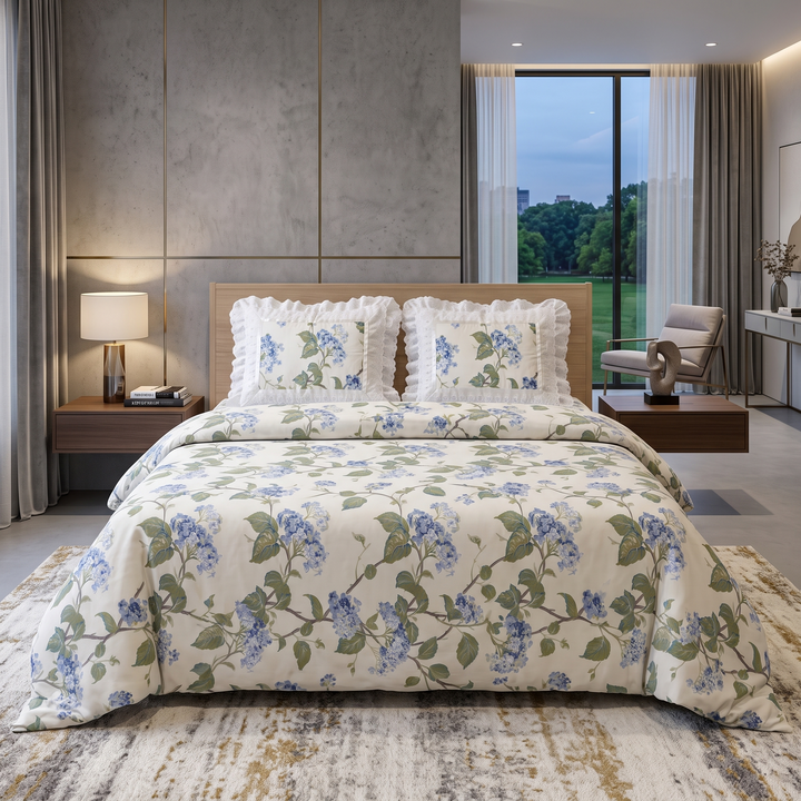 Anokhi Floral Cotton King Size Bedsheet Set with Cotton Lace Pillow Covers, 250 TC White and Green