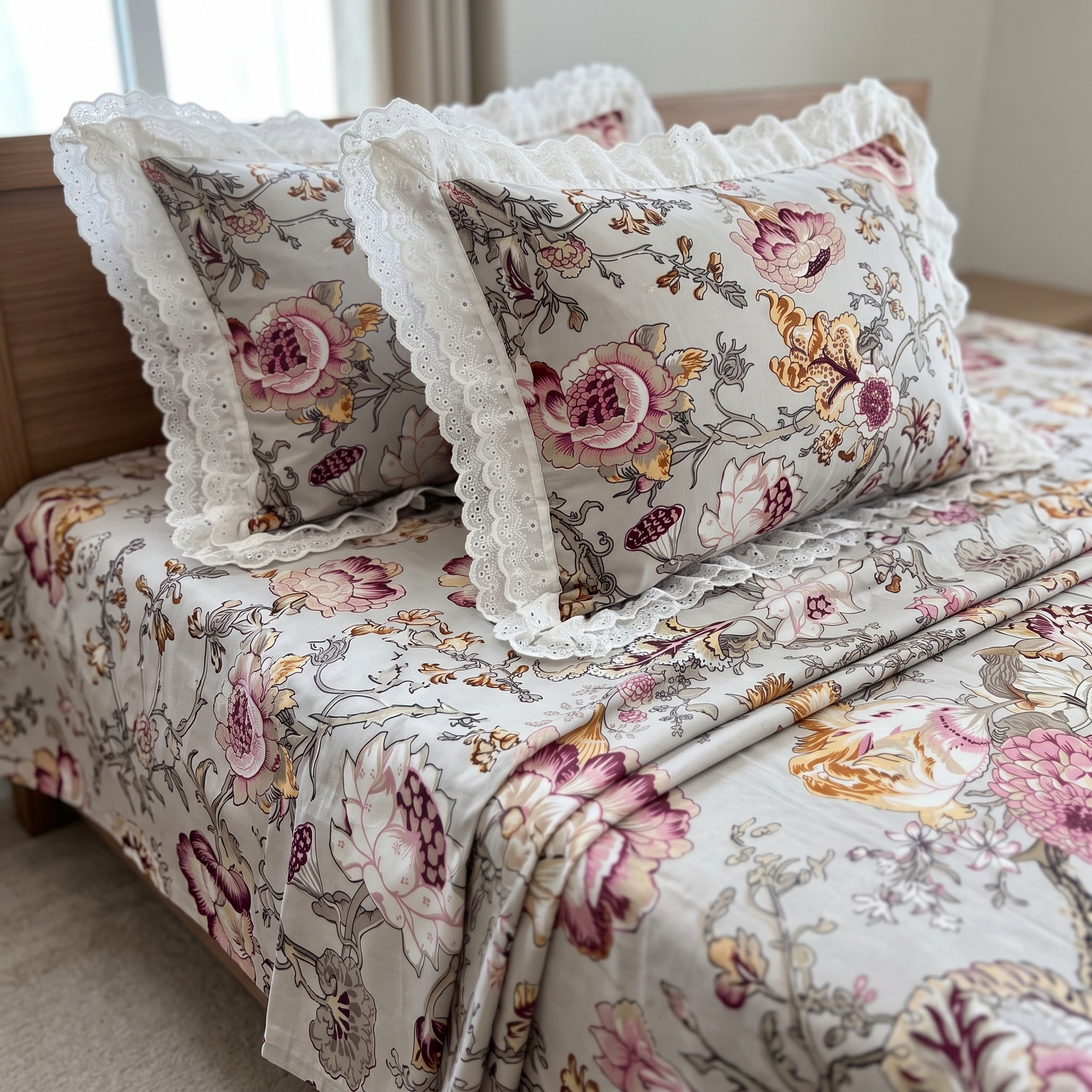 Anokhi Floral Cotton King Size Bedsheet Set with Cotton Lace Pillow Covers, 250 TC