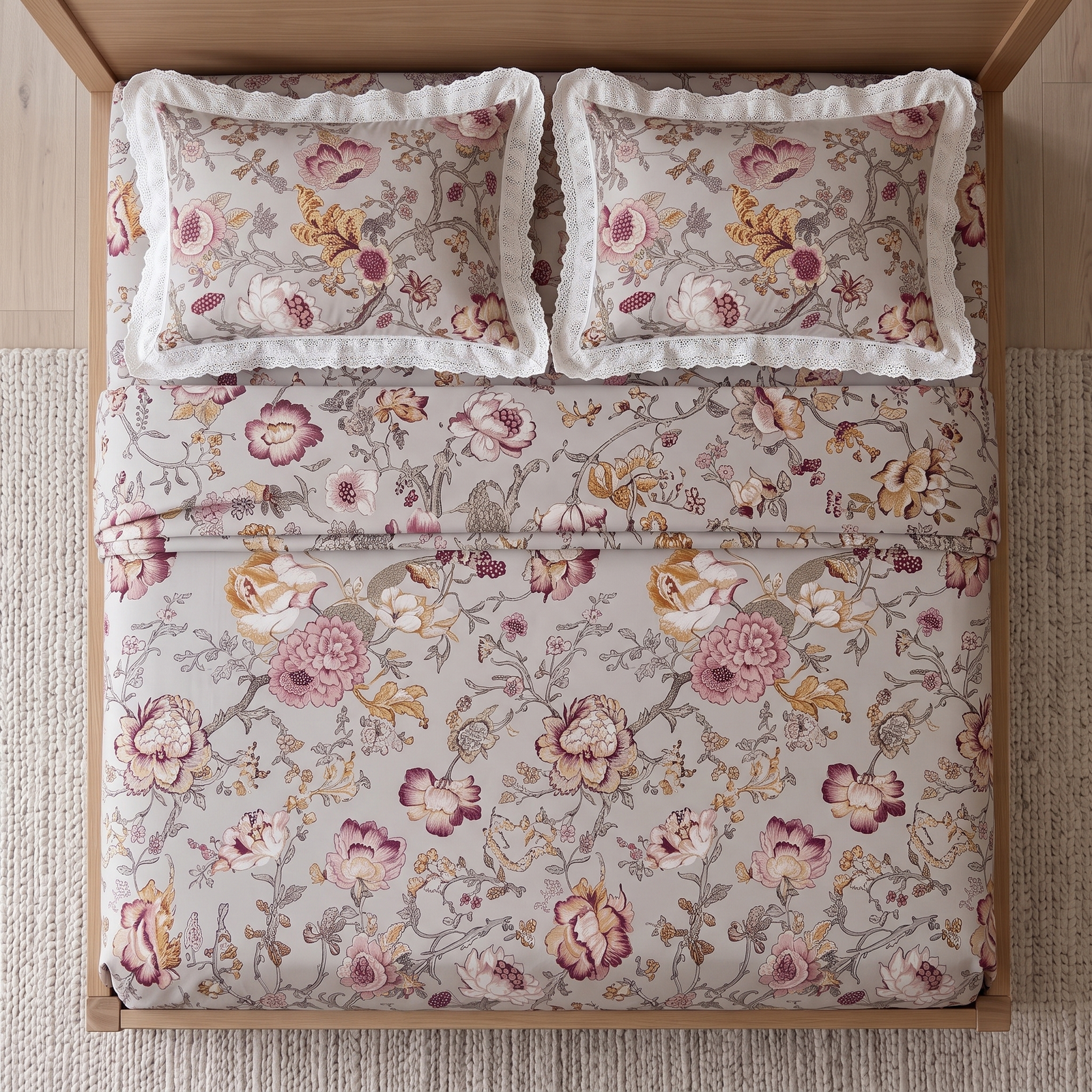 Anokhi Floral Cotton King Size Bedsheet Set with Cotton Lace Pillow Covers, 250 TC