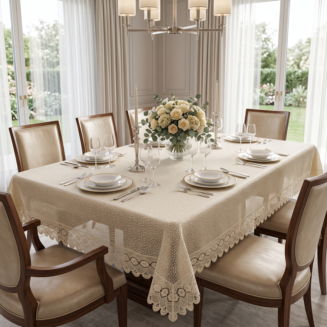 Luxury Floral Bindi Net Embroidery Tissue 6- 8 Seater Table Cloth | 60 x 90 Inch | Light Cream