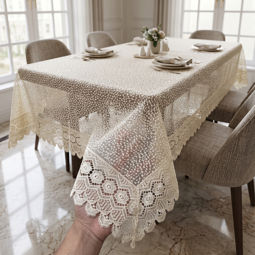 Luxury Floral Bindi Net Embroidery Tissue 6- 8 Seater Table Cloth | 60 x 90 Inch | Light Cream