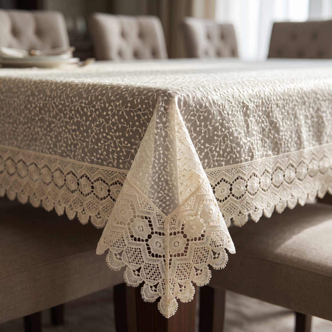 Luxury Floral Bindi Net Embroidery Tissue 6- 8 Seater Table Cloth | 60 x 90 Inch | Light Cream