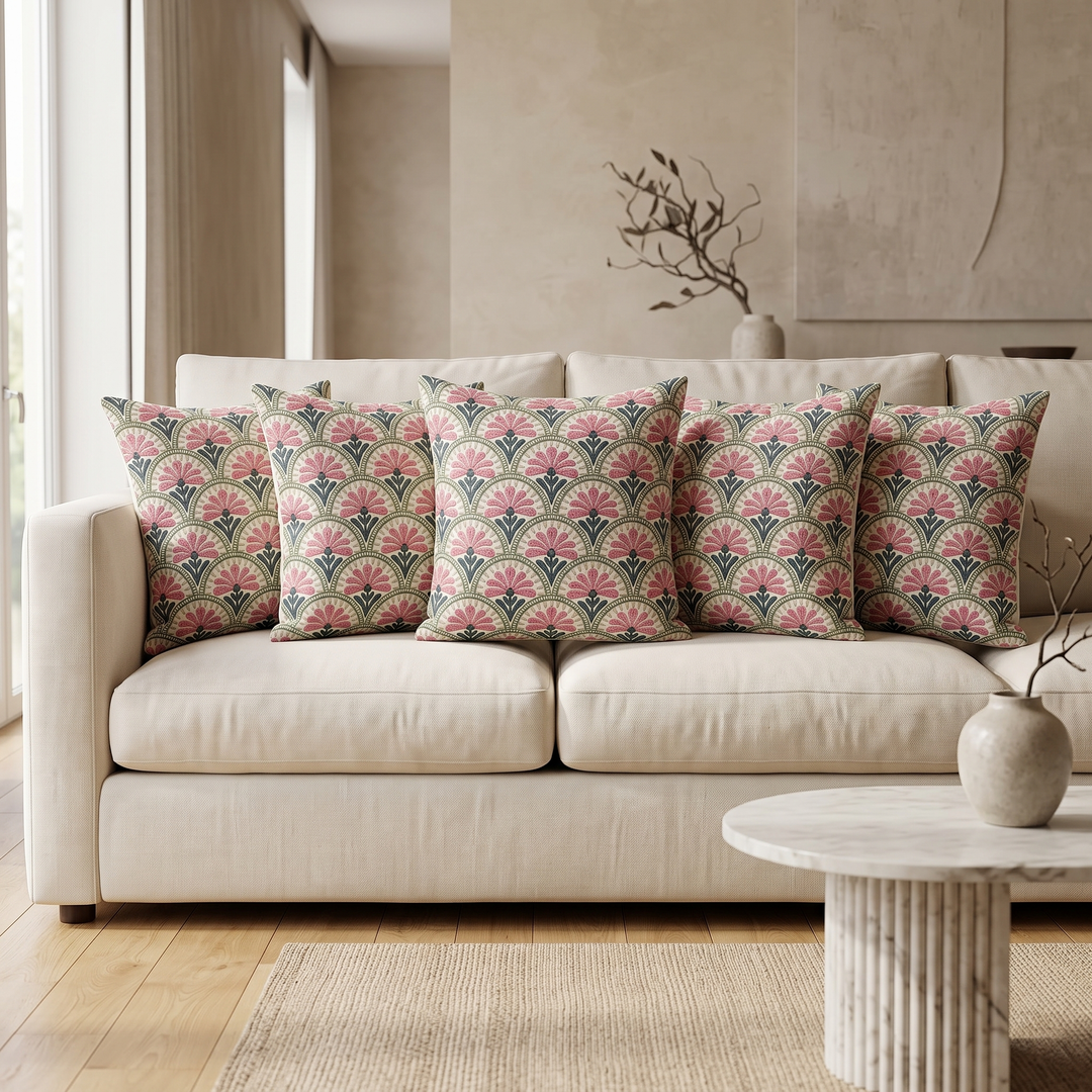 Elegant Rangoli Premium Digital Printed Cushion Covers - Pack of 5- Pink Green