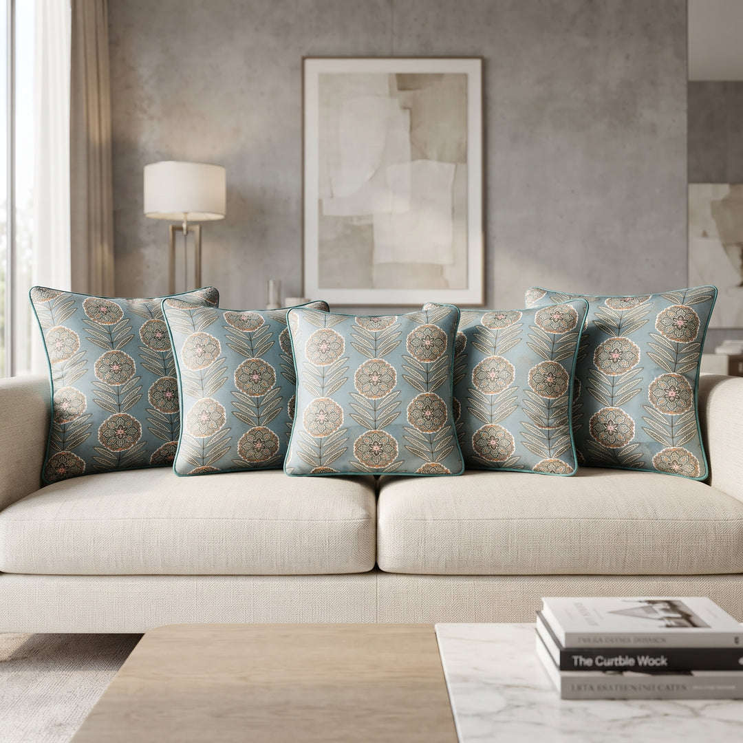 Elegant Floral Premium Digital Printed Cushion Covers - Pack of 5- Sea Green