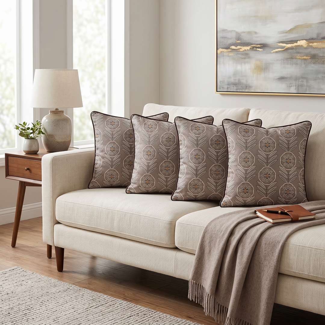 Elegant Floral Premium Digital Printed Cushion Covers - Pack of 5- Brown