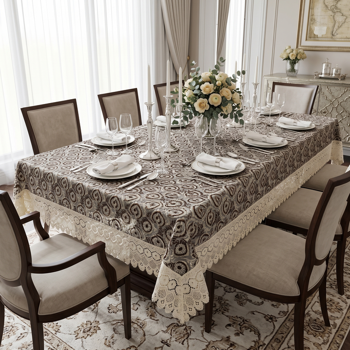 Luxury Royal Paisley Tissue Embroidered 6- 8 Seater Table Cloth | 60 x 90 Inch