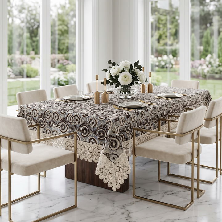 Luxury Royal Paisley Tissue Embroidered 6- 8 Seater Table Cloth | 60 x 90 Inch
