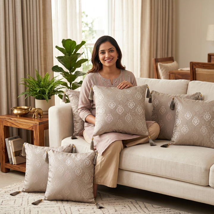 Royal Textured Premium Digital Printed Cushion Covers - Pack of 5- Brown