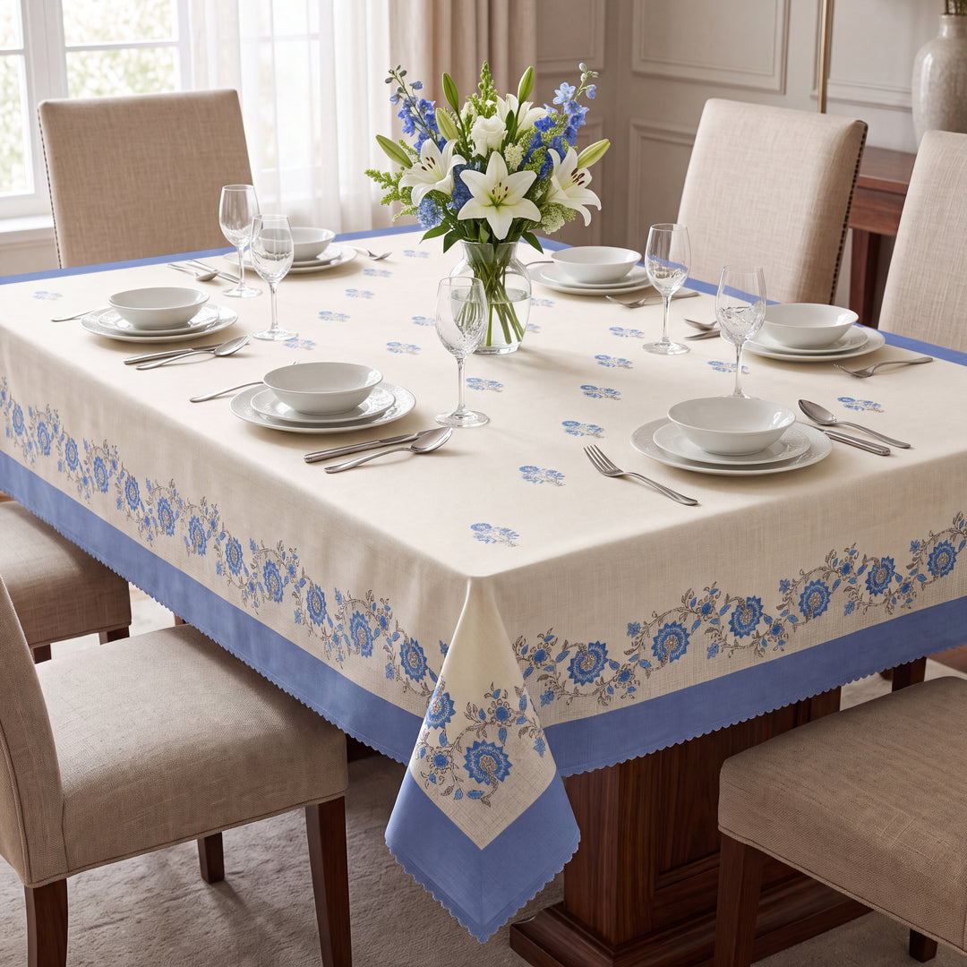 Premium Floral Cotton Table Cover with Blue Border, 6-8 Seater (60x90 Inches)