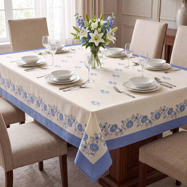 Premium Floral Cotton Table Cover with Blue Border, 6-8 Seater (60x90 Inches)