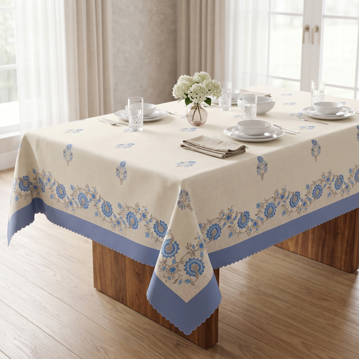 Premium Floral Cotton Table Cover with Blue Border, 6-8 Seater (60x90 Inches)
