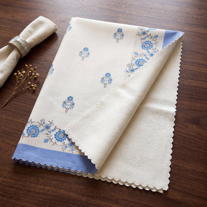 Premium Floral Cotton Table Cover with Blue Border, 6-8 Seater (60x90 Inches)