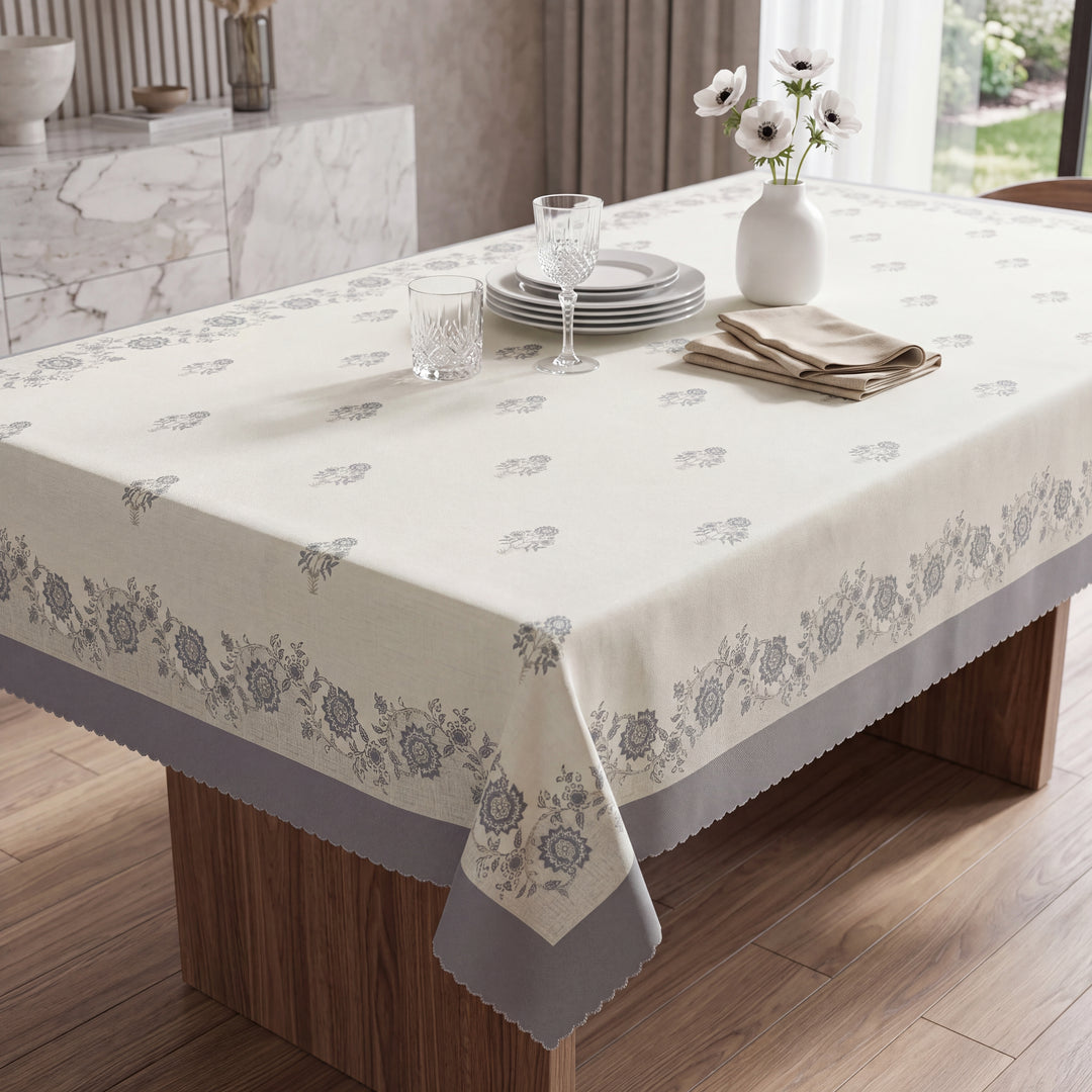 Premium Floral Cotton Table Cover with Grey Border, 6-8 Seater (60x90 Inches)