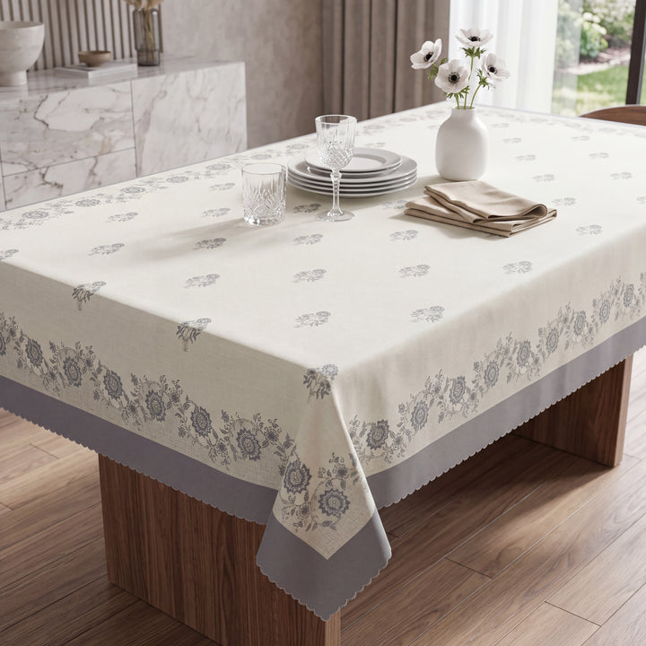 Premium Floral Cotton Table Cover with Grey Border, 6-8 Seater (60x90 Inches)