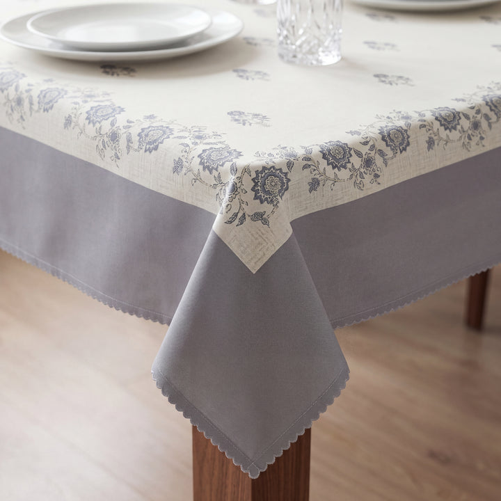 Premium Floral Cotton Table Cover with Grey Border, 6-8 Seater (60x90 Inches)