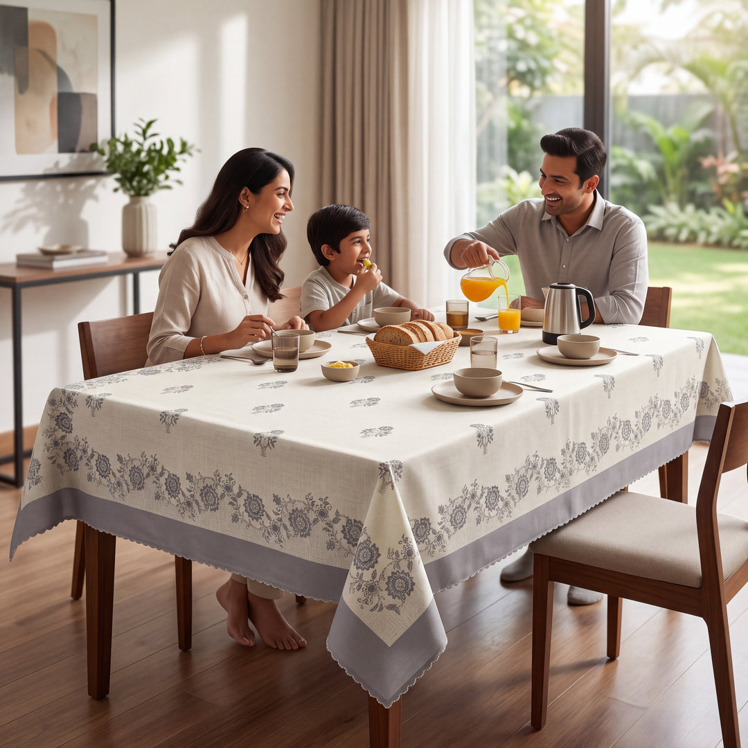 Premium Floral Cotton Table Cover with Grey Border, 6-8 Seater (60x90 Inches)