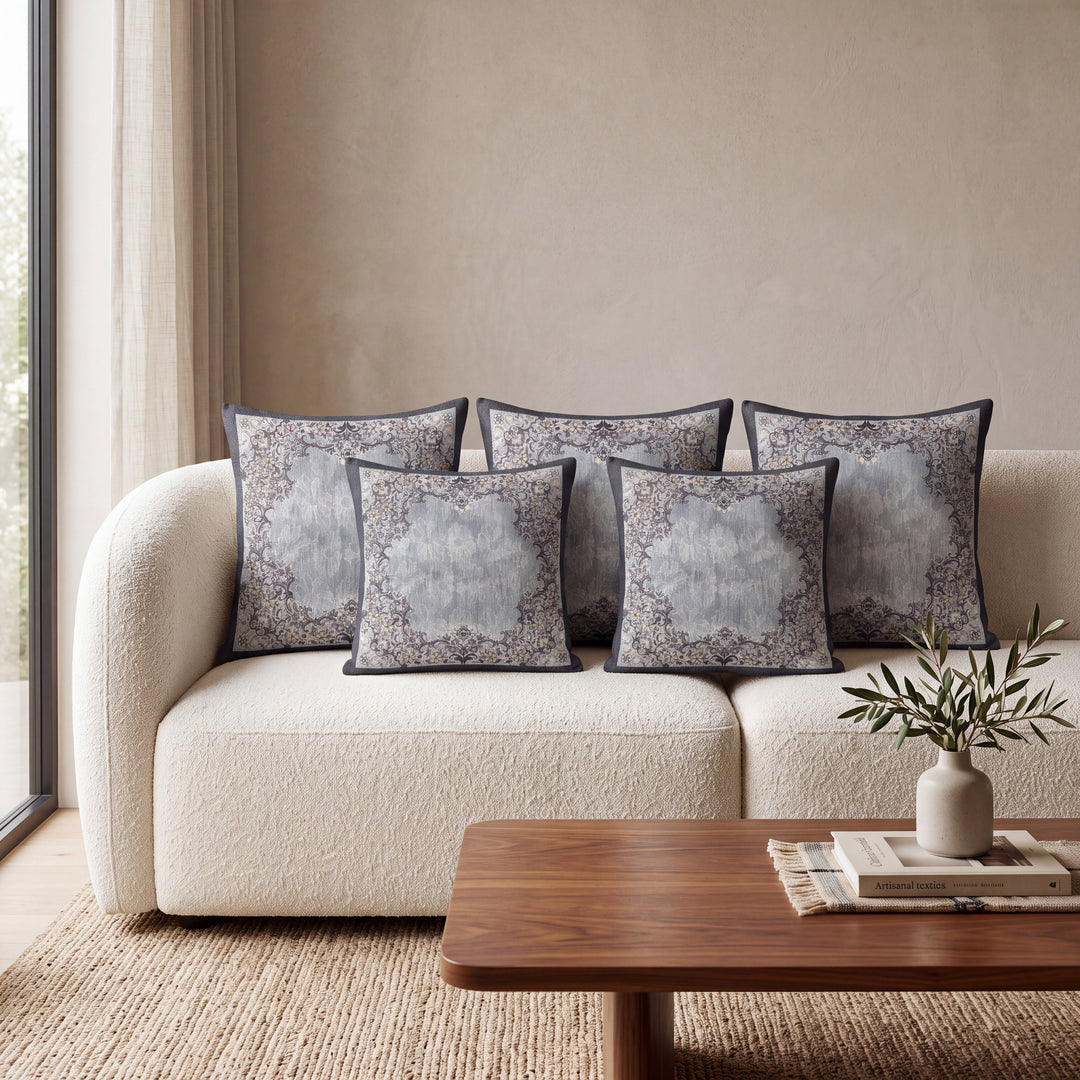 Royal Shine Bloosom Velvet Embroidered Cushion Covers- Set of 5 - Grey