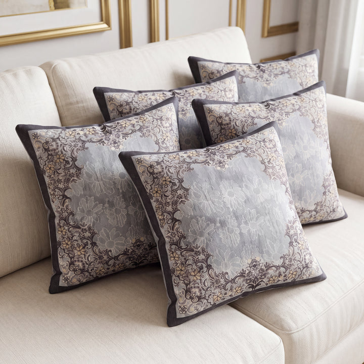 Royal Shine Bloosom Velvet Embroidered Cushion Covers- Set of 5 - Grey