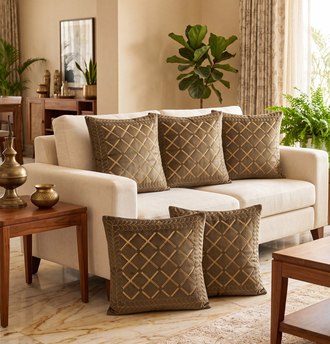 Luxury Olive Taupe Velvet Embroidered Cushion Covers- Set of 5 - Dark Brown