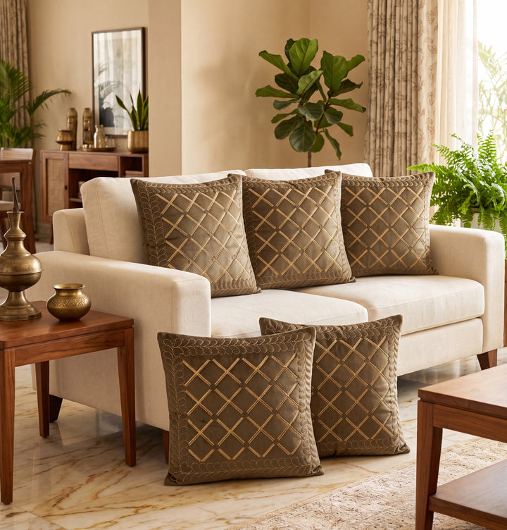 Luxury Olive Taupe Velvet Embroidered Cushion Covers- Set of 5 - Dark Brown