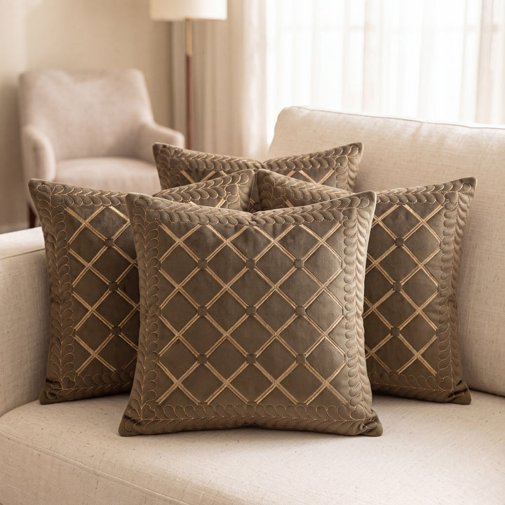 Luxury Olive Taupe Velvet Embroidered Cushion Covers- Set of 5 - Dark Brown