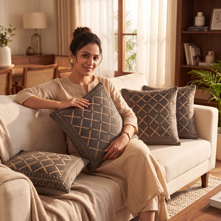 Luxury Olive Taupe Velvet Embroidered Cushion Covers- Set of 5 - Dark Brown