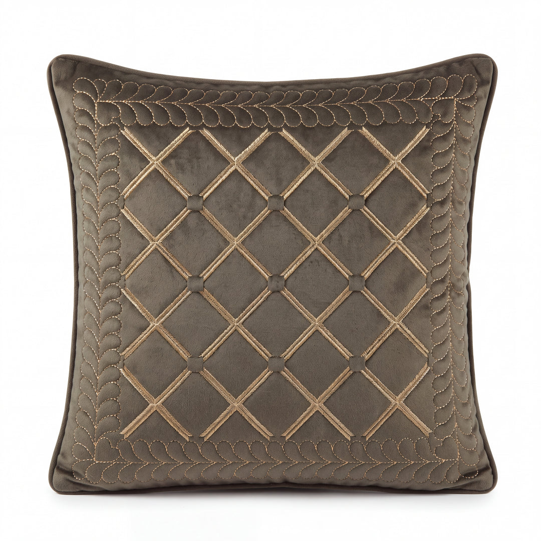 Luxury Olive Taupe Velvet Embroidered Cushion Covers- Set of 5 - Dark Brown