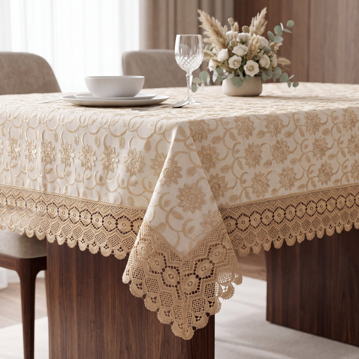 Premium Cotton Floral Linen Table Cover with Lace Border – 60x90 Inches Light Ivory